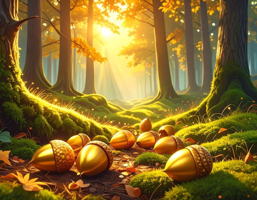 firefly can you generate a cartoon image of a golden acorns along a beautiful forest floor. i 909068